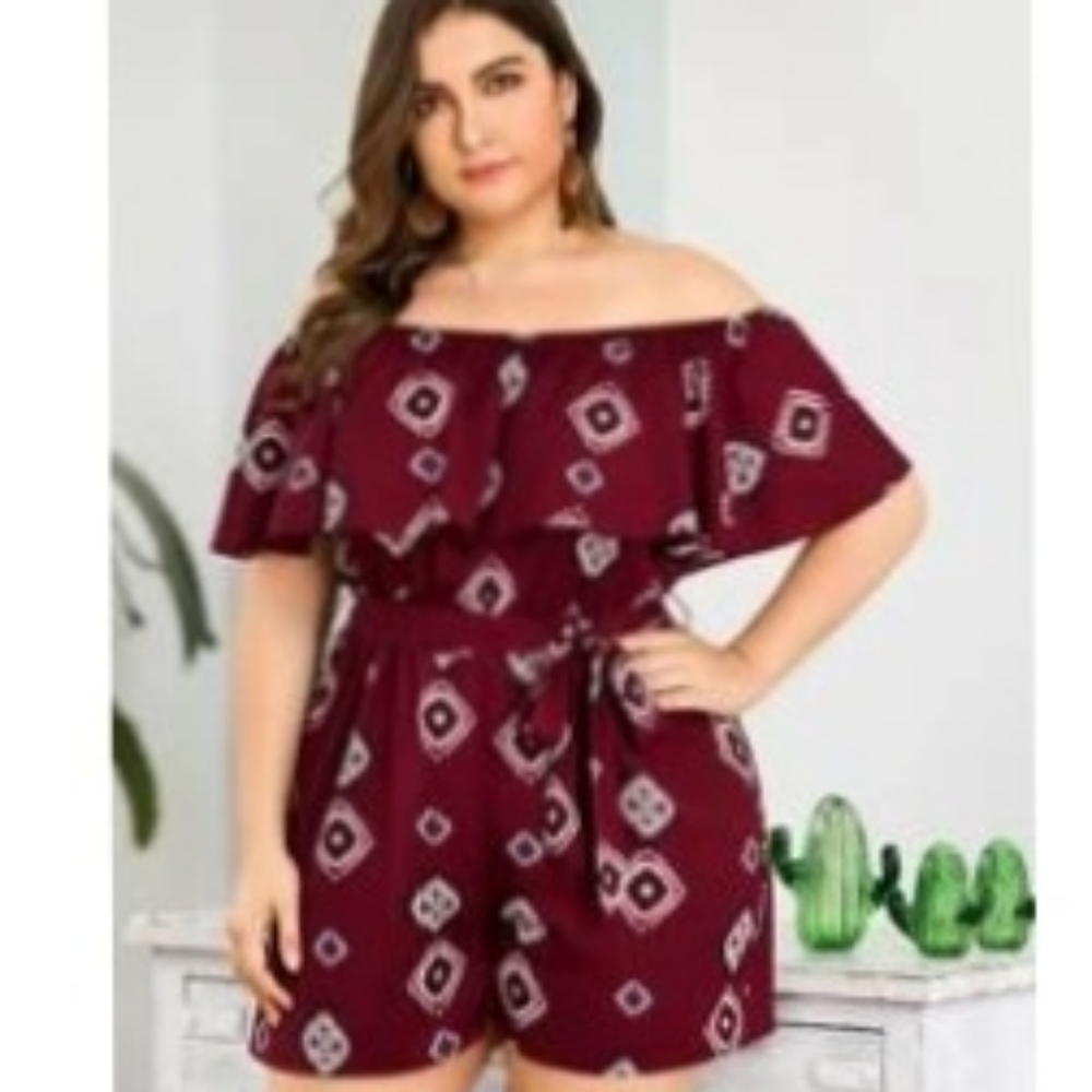 Bardot Ruffle Trim Aztec Romper